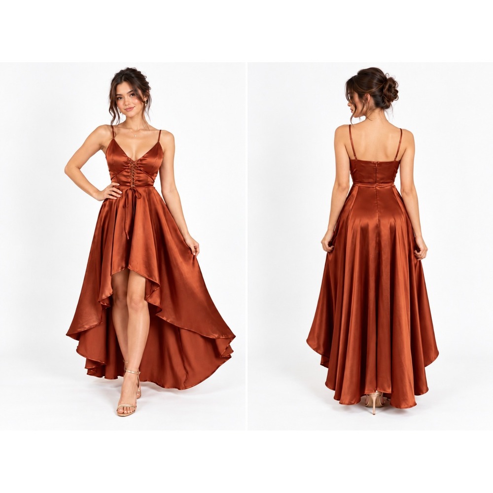Joyfolie Shelly Dress Bright Clay Copper Satin High-Low Corset Gown XS NWT $228